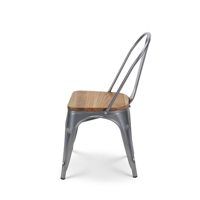 Kosmi - Set di 4 sedie in Metallo Grigio Argento con Seduta in Legno Chiaro - Stile Industriale