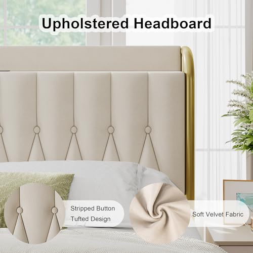 Feonase 4894950868355 Velvet Queen Bed Frame With Fast Charging Station,Metal Platform Queen Size Beds With Upholstered Headboard & Footboard,12 Inch Underbed Storage Space,Easy Assembly,Gold&Beige thumb #4