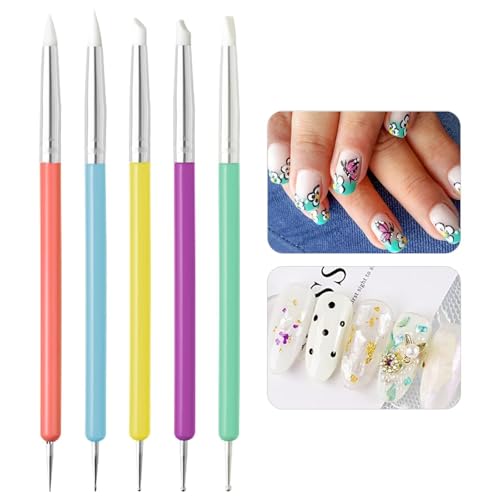 5 pinceles de silicona para uñas, pincel para tallar uñas de gel, herramientas de puntos, herramienta de manicura de doble cabeza con mango de plástico, juego de pinceles de modelado de silicona para