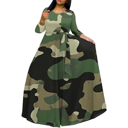 Fall Maxi Dresses for Women 2024 Round Neck 3/4 Sleeve Camouflage Floor Length Maxi Dress with Belt Summer Vacation Dress at Amazon Women's Clothing store