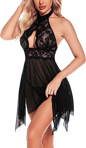 Image of Polyester Spandex & Lace Floral Lingerie for Women Lace Babydoll with G-String Sleepwear Chemise V Neck Mesh Sleepwear Sling Dress Beautifull Babydoll Lingerie Honeymoon