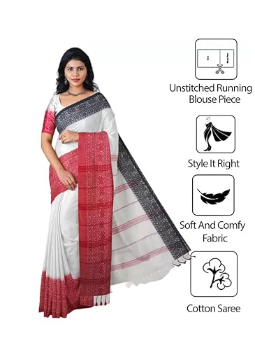 Image of eC ESHA'S COLLECTION Women's Cotton Blend Begumpuri Handloom Saree With Unstitched Running Blouse Piece