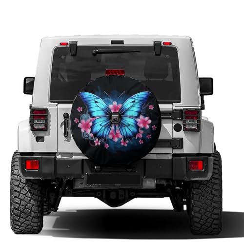 Delerain Spare Tire Cover with Backup Camera Hole Blue Butterfly Pink Flower Wheel Covers Waterproof Dust-Proof UV Sun Universal Fit for RV Trailer RV SUV Truck (17 Inch for Diameter 31