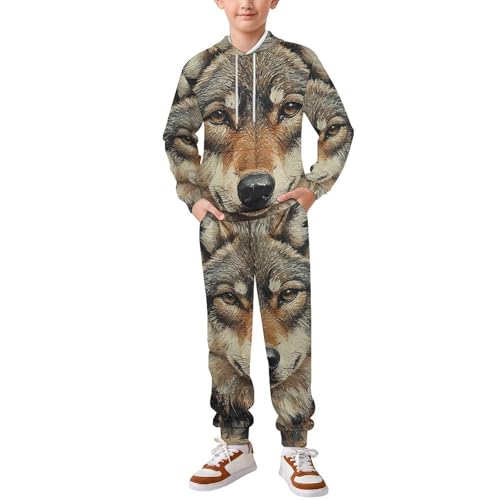 Boys' Girl's Sweatshirt Set 2 Piece Pullover Hoodie Jogger Sweatpants Pants, Wolf Hunting USA Flag