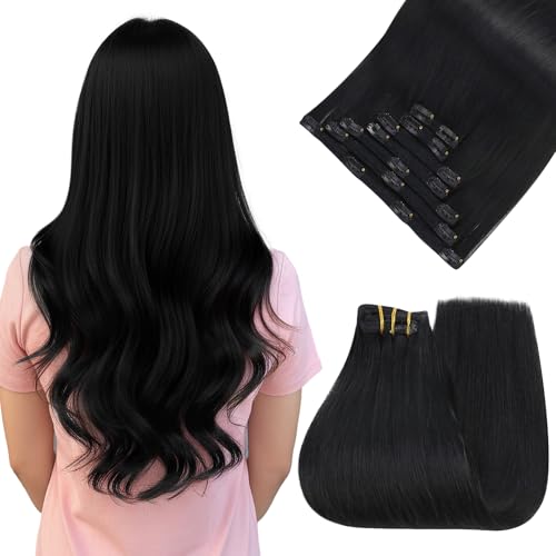 Easyouth Clip in Hair Extensions Human Hair Black Clip in Human Hair Extensions Jet Black Hair Extension Clips in Human...