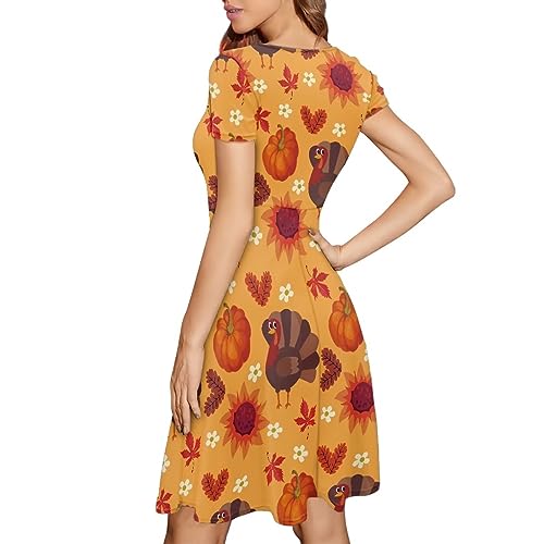 Image of POLERO Women Puffy Swing Elegant Party Midi Dresses Short Sleeve Round Neck A-Line Dress