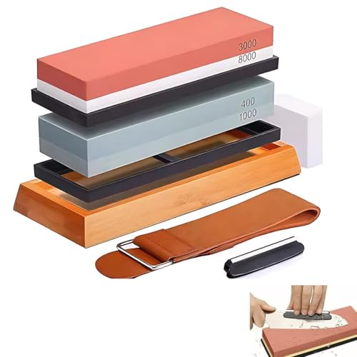 Knife Sharpening Stone, 7pcs Professional Sharpener Kit Dual Sided 400/1000 3000/8000 Grit Sharpening Whetstone with Non-slip Bamboo Base Angle Guide Leather Strop Flattening Stone for Kitchen Knives