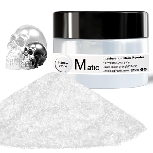Matio Interference Mica Powder, 1.06oz/ 30g Snow White Chrome Powder, Pearlescent Effect Color Shift Pigment for Epoxy Resin, Makeup Shimmer,Nail Polish,Soap...