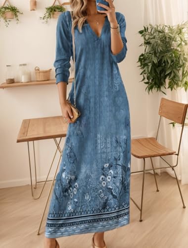 Akivide Women's Bohemian Ethnic Style Digital Printing Dress V Neck Long Sleeve Oversized Fall Maxi Dresses for Women2