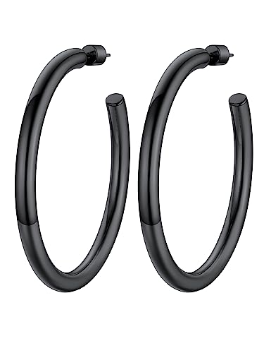 Image of Stainless Steel Chunky Hoop Earrings For Women, Minimalist and Chic, Black /Gold Plated, Round Hoops Earrings Hypoallergenic, Size: 30mm /40mm /60mm /80mm, Come with Box