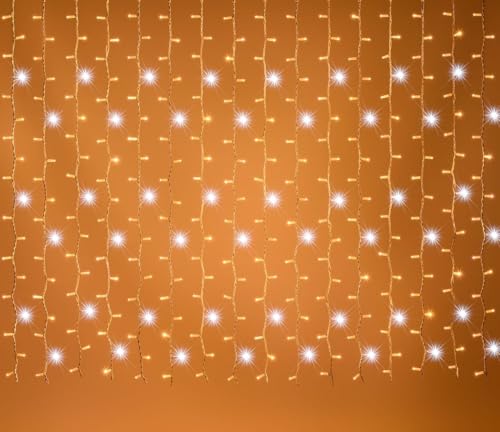 damastoreitalia Tenda Luminosa Natalizia 2 x 1,5 metri Stalattiti a 210 LED Luci calde + led intermittenti Bianco Freddo per Interno ed Esterno IP44 (Luce calda)