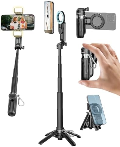 USKEYVISION Magnetic Pocket Selfie Stick for iPhone with Light for MagSafe 4 in 1 Portable Pocket Phone Tripod for iPhone & Android W/Rechargeable Remote, Removable Phone Clip, Video Recording(MPT-02)
