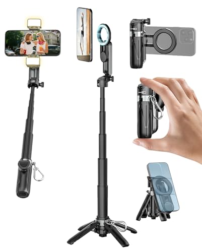 USKEYVISION Magnetic Mini Selfie Stick for iPhone with Light for MagSafe 4 in 1 Portable Pocket Phone Tripod for iPhone & Android W/Rechargeable Remote, Removable Phone Clip, Video Recording(MPT-02)