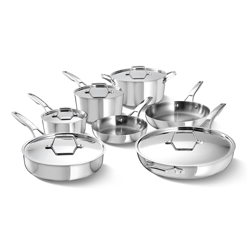 Calphalon Premier Polished 5-Ply Stainless Steel Cookware Set w/Turbo Heat Tech 12 Piece Includes Frying Pans, Pots and Pans Set, Induction, Oven Safe 500F, PFOA Free, Polished Stainless Silver