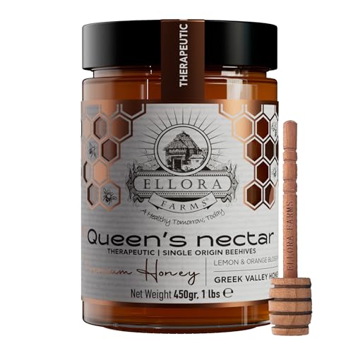 Ellora Farms Greek Honey, Lemon & Orange Blossom Raw Honey Unfiltered, 2025 Paris Platinum Award, Non-GMO and Unpasteurized, Dipper Included - 450g (1lbs)