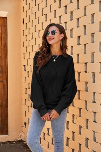 Fessceruna Damen Pullover Oversize Fledermausärmel Strickpullover Winter Rundhals Pulli Geripptes Sweatshirt(Schwarz, L)