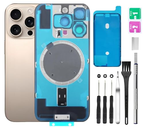 Rear Back Cover Glass Replacement for iPhone 16 Pro Back Glass + Camera Lens + Magnet + Iron Piece Holder with Repair Tool Kit (Gold)