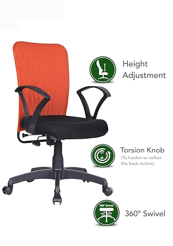 Image of Office Arm Chair with Metallic Frame, Mesh Back, Nylon Base, and Adjustable Handle, Cushion Fabric (Orange)
