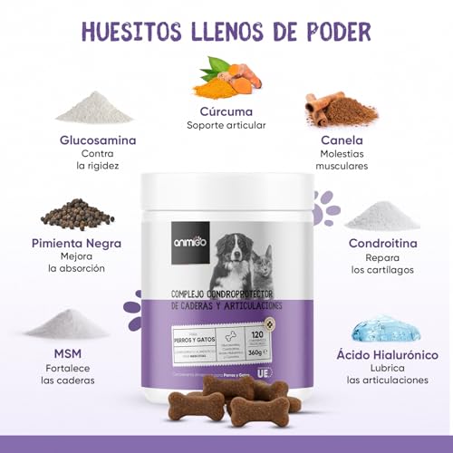 Miniatura 3 de Condroprotector para Perros y Gatos, 120 Masticables - Comprimidos para Cadera y Articulaciones de Perros Grandes y Pequeños - Huesos con Condroitina, Glucosamina, MSM, Ácido Hialurónico y Cúrcuma