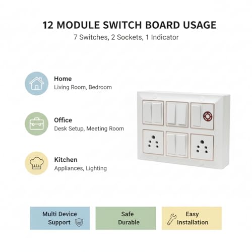 Image of A1 LED 12 Modular Gang Box Switch Board with 7 Switches, 2 Socket & Indicator | Wall Mounted Electrical Panel for Home, Kitchen, Office | Heavy Duty Shockproof Durable Design