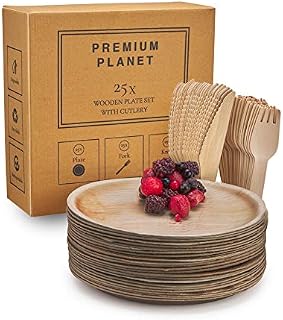 Premium Planet Large Disposable & Biodegradable Plates Set with Cutlery | 25 Plates | 25 Forks | 25 Knives | Eco Friendly & Sturdy | Better Than Paper