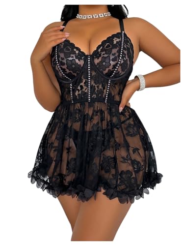 Women's Plus Size 2 Piece Babydoll Lingerie Sets Floral Lace Sheer Mesh Ruffle Nightdress with Panty