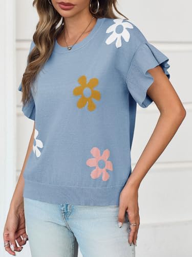 Saodimallsu Womens Summer Ruffle Short Sleeve Sweater Tops Cute Floral Knit Creweck Casual Lightweight Sweaters4