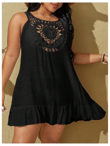 Women's Plus Size Crochet Swimsuit Cover Up Dress Hollow Out Ruffle Hem Bathing Suit Cover Ups Beach Outfits3