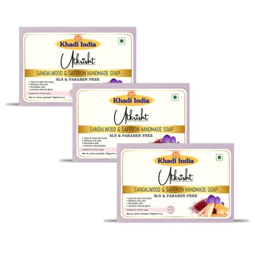 Image of Khadi Sandalwood & Saffron Handmade Bathing Soap Bar 125g (Pack of 3) | Natural & Herbal | Deep Cleansing for Glowing & Brightening Skin | Evens Out Skin Tone | All Skin Types | Men & Women