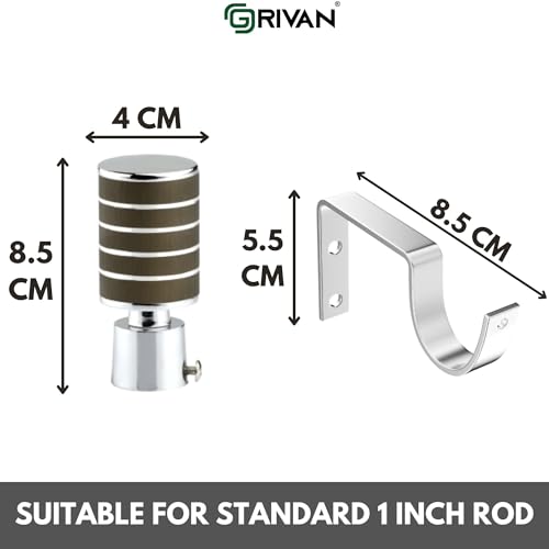 Image of GRIVAN Stainless Steel Wooden Finish Curtain Bracket Parda Holder with Support 1 Inch Rod Pocket Finials Designer Door and Window Rod Support Fittings, Curtain Rod Holder (Wooden Finsh Pair of 6)