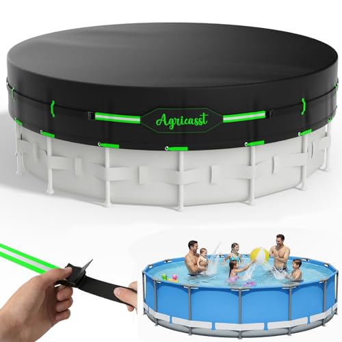 30ft Round Pool Cover for Above Ground Pools 420D Heavy Duty Solar Pool Cover with Windproof Strap Tensioner & Velcro Stickers Side Seamless Tear Resistant Weatherproof & UV Resistant