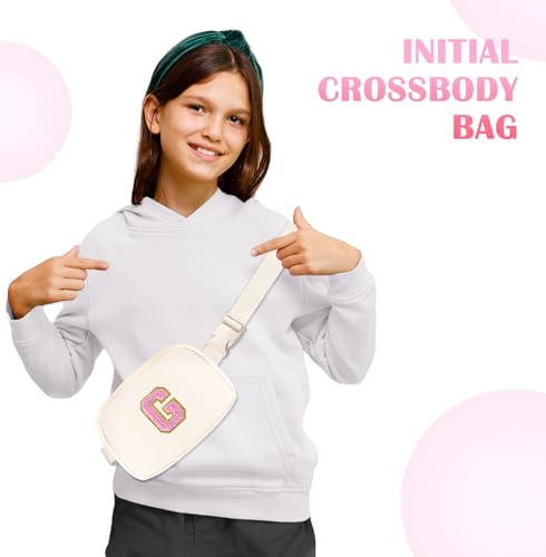 Image of COSHAYSOO Valentines Birthday Initial Gifts for Women Teen Girls 5 6 7 8 9 10 11 12 13 14 Year Old Ivory Fanny Pack for Girls Belt Bag Crossbody Travel Purse Unique Trendy Cute Stuff Chenille Letter G