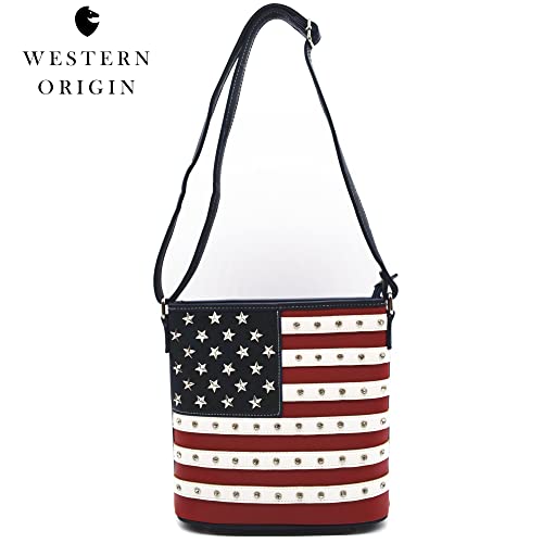 WESTERN ORIGIN American Flag USA Patriotic Purse Stars and Stripe Handbag Women Shoulder Bag Studs Crossbody Wallet Blue4