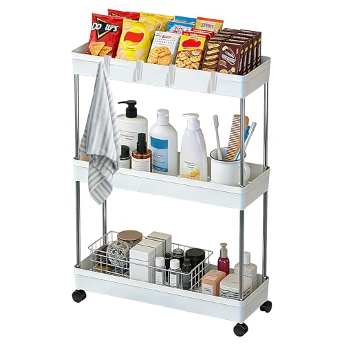 BUCOMTU Chariot de Rangement à roulettes 3 Niveaux, Desserte Cuisine et Salle de Bain, Étagère Mobile de Rangement Multifonction, Chariot de Rangement à...