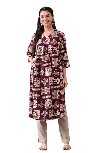 Image of Ichaa Women's Pure Cotton A-Line Ethnic V-Neck Kurta with 3 /4th Sleeve for Daily and Office Wear, in Plus Sizes