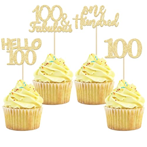 Gyufise 24Pcs Gold Glitter 100th Birthday Cupcake Toppers Hello 100 One Hundred Cake Toppers 100 & fabulous Cupcake Picks for 100th Birthday Cake Decorations Supplies