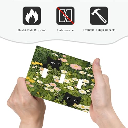 Decorative Switch Covers Plate Funny Cute Black Cat Colorful Flower Green Plant 3 Gang Wall Plate Oversized Triple Toggle Light Switch Plate Jumbo Faceplate for Bedroom Home Decor