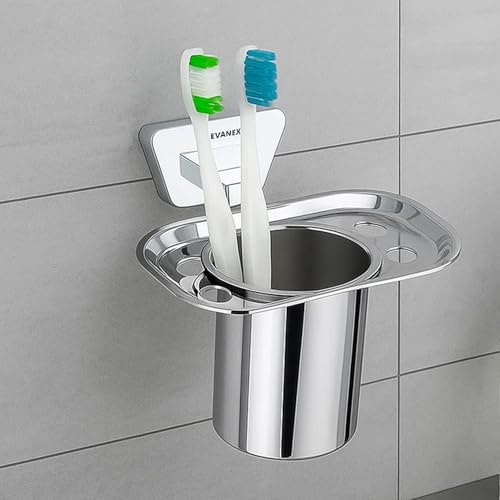 Image of EVANEX Wall-Mounted Tooth Brush Holder, 304 Grade Stainless Steel Tumbler Stand, Bathroom Organizer with Glossy & Chrome Finish Stand with Removable Cup (Aquarius)