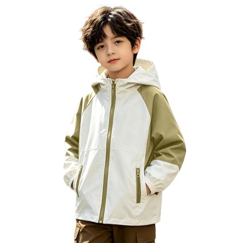 TYUSGH Chaqueta cortavientos para niños, con cremallera y capucha, ligera, resistente al viento, con bolsillos, caqui, 11-12 años