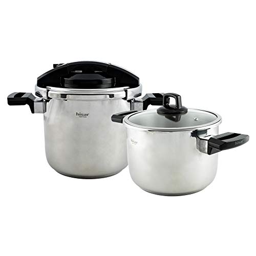 Hisar Neptune Pressure Cooker Pot Set 4 and 7 Quarts, Stainless Steel Pressure Cooker, Black Handles