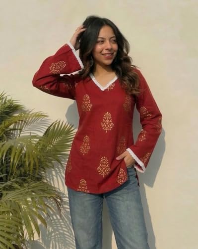 Image of ANNI Designer Women's Viscose Printed Short Kurti | Red Buta Print Tunic Top | V Neck Lace Detail | Full Sleeve Hip Length Kurta Top for Women