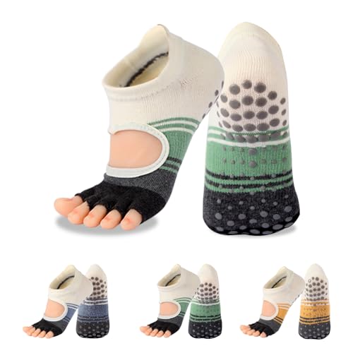 Toeless Pilates Socks with Grips for Women, Yoga Socks Barre Socks Non Slip, Cotton, Gifts For Dancer, Alpha, One Size, 3pair