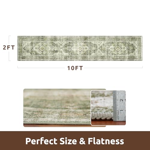 AMOAMI-2X10 Runner Rug-Washable Runners for Hallways-Soft Non Slip Bedside Rugs for Bedroom-Vintage Long Rug for Hallways Entryway Laundry Room Stair Kitchen Bathroom Green