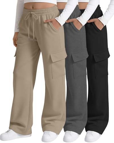 LessonZoo 3 Pack Girls Cargo Sweatpants Kids Wide Leg Pants Loose Baggy Elastic Drawstring Joggers with 4 Pockets 5-14 Years(Black Dark Gray Khaki 9-10 Years)