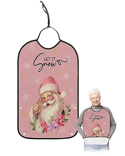 Pink Christmas Adult Bibs for Eating, Waterproof Bibs with Food Catcher & Adjustable Snap Closure, Santa Winter Snowflake Botanical Rustic Washable Clothing Protectors Adult Bibs for Elderly Women/Men