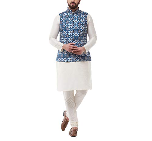 Image of SOJANYA (Since 1958, Men's Silk Blend Pink Kurta Pyjama & Printed Nehrujacket Combo