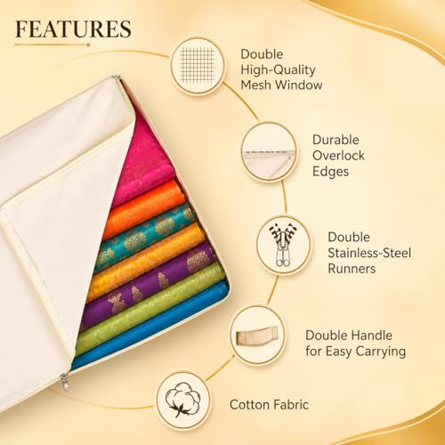 Image of Kottify 2 Pack Cotton Canvas Clothes Storage Bags /Saree Covers with Zip for Storage Specially Design for Woman Dresses, Sarees, Lehengas for Wardrobe Organizer (43cm x 36cm x 17.8cm),Beige