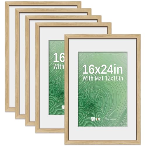 Image of VCK 16x24 Picture Frame 5 Pack, Oak Wood, 12x18 Mat, for Wall Art