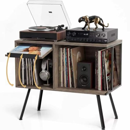Image of Faesun Flip Top Record Player Stand, Large Turntable Stand Holds up to 150+ Albums, Vintage Mid Century Record Player Table, Stereo Cabinet with Open Storage, for Living Room, Bedroom, Gray