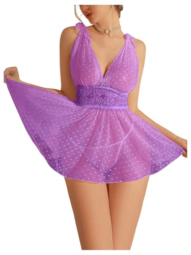 OYOANGLE Women's 2 Piece Polka Dots Lace Sheer Mesh V Neck Babydoll Teddy Lingerie Set